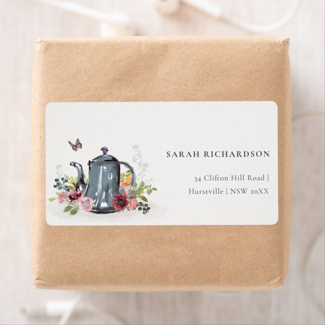 Elegant Cute Cheerful Roses Floral Teapot Address Label (Insitu)