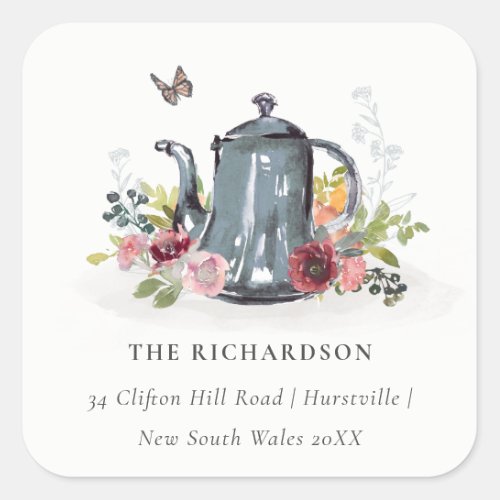 Elegant Cute Cheerful Roses Floral Teapot Address Square Sticker