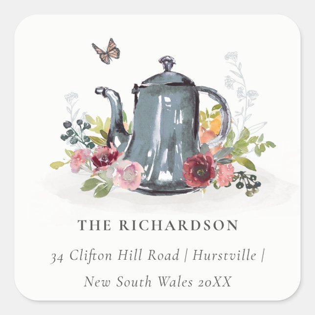 Elegant Cute Cheerful Roses Floral Teapot Address Square Sticker (Front)
