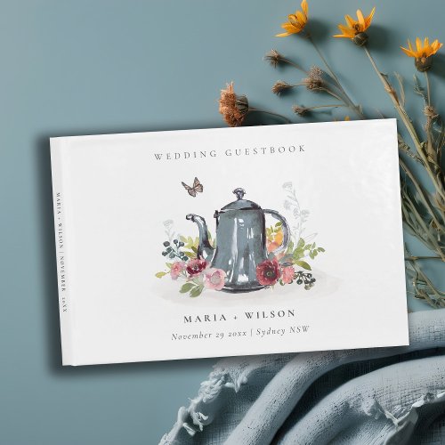 Elegant Cute Cheerful Roses Floral Teapot Wedding  Guest Book