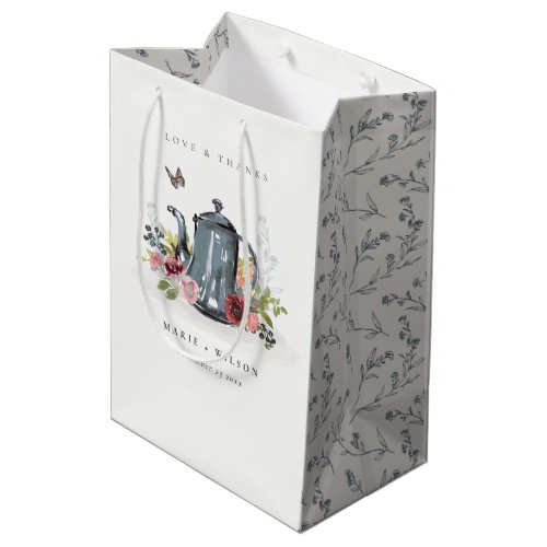 Elegant Cute Cheerful Roses Floral Teapot Wedding Medium Gift Bag