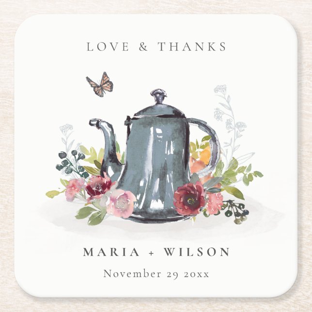 Elegant Cute Cheerful Roses Floral Teapot Wedding Square Paper Coaster (Front)