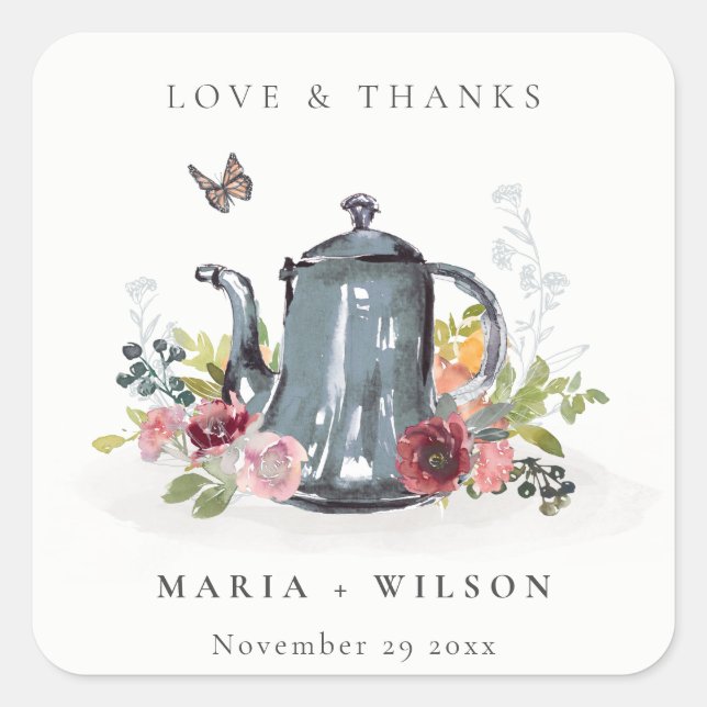 Elegant Cute Cheerful Roses Floral Teapot Wedding Square Sticker (Front)