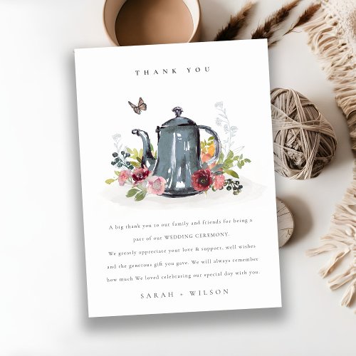 Elegant Cute Cheerful Roses Floral Teapot Wedding Thank You Card