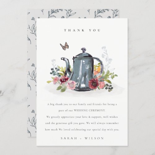 Elegant Cute Cheerful Roses Floral Teapot Wedding Thank You Card