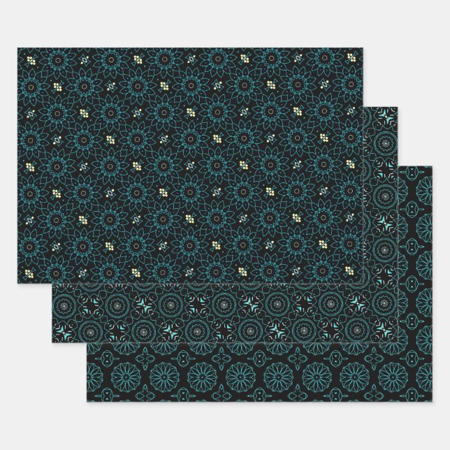Elegant Cute Chic Black & Teal Geometric Patterns Wrapping Paper Sheets (Set)