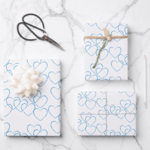 Elegant, Cute Decorative Blue, White Heart Charms Wrapping Paper Sheets