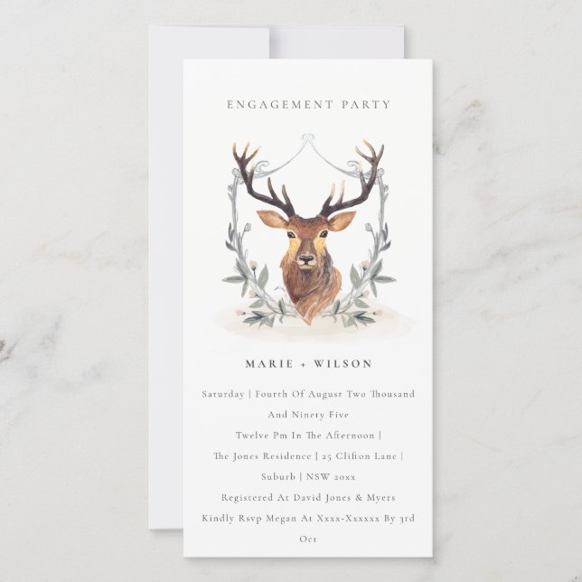 Elegant Cute Deer Floral Crest Engagement Invite (Front)