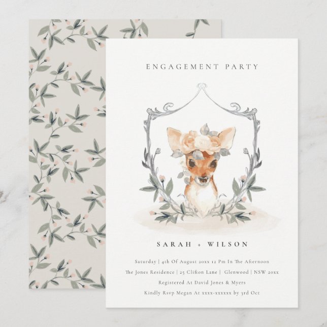 Elegant Cute Deer Floral Crest Engagement Invite (Front/Back)