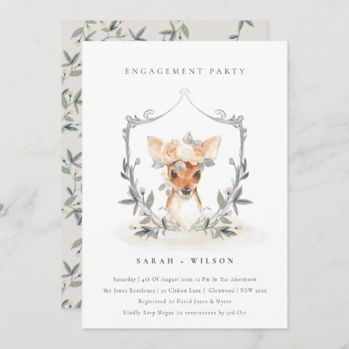 Elegant Cute Deer Floral Crest Engagement Invite