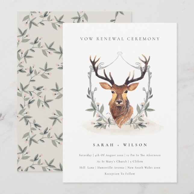 Elegant Cute Deer Floral Crest Vow Renewal Invite (Front/Back)