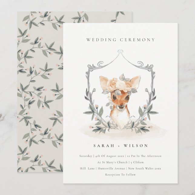Elegant Cute Deer Floral Crest Wedding Invite (Front/Back)