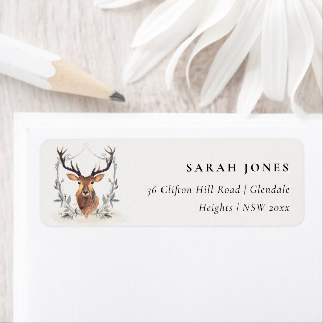 Elegant Cute Dusky Deer Floral Crest Address Label (Insitu)