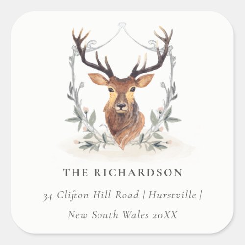 Elegant Cute Dusky Deer Floral Crest Address Square Sticker
