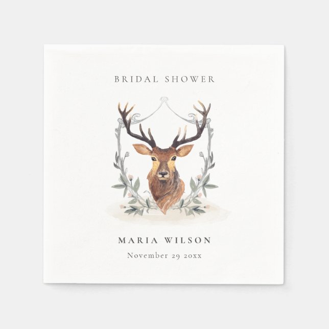 Elegant Cute Dusky Deer Floral Crest Bridal Shower Napkins (Front)