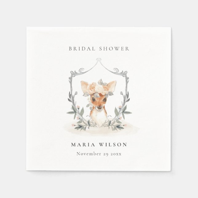 Elegant Cute Dusky Deer Floral Crest Bridal Shower Napkins (Front)