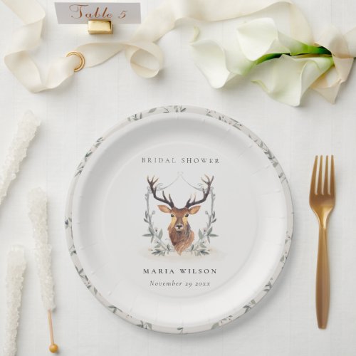 Elegant Cute Dusky Deer Floral Crest Bridal Shower Paper Plates