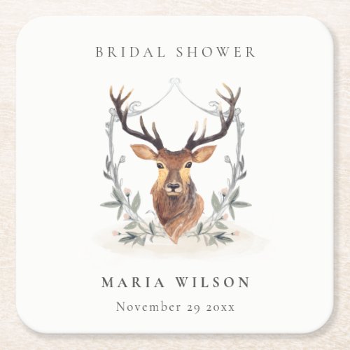 Elegant Cute Dusky Deer Floral Crest Bridal Shower Square Paper Coaster
