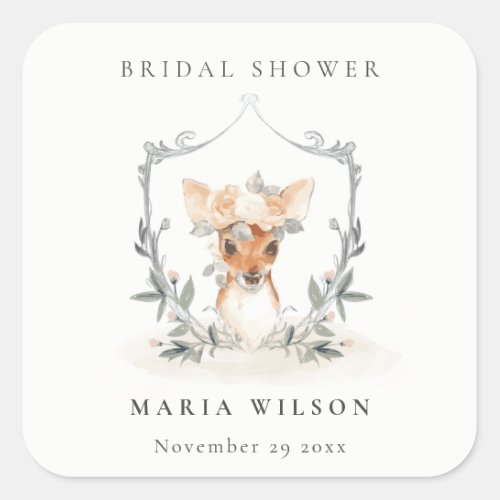 Elegant Cute Dusky Deer Floral Crest Bridal Shower Square Sticker