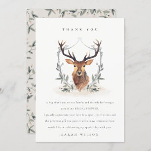 Elegant Cute Dusky Deer Floral Crest Bridal Shower Thank You Card