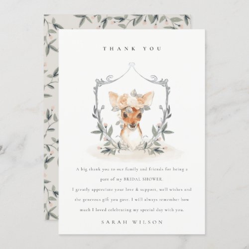 Elegant Cute Dusky Deer Floral Crest Bridal Shower Thank You Card