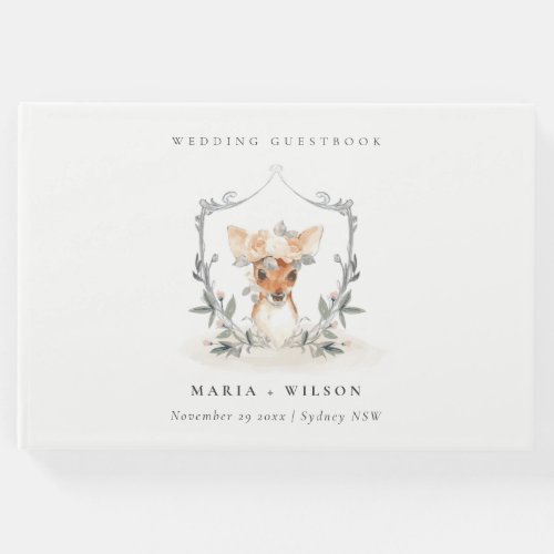 Elegant Cute Dusky Deer Floral Crest Wedding Guest Book