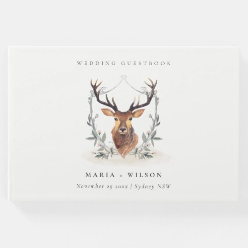 Elegant Cute Dusky Deer Floral Crest Wedding Guest Book
