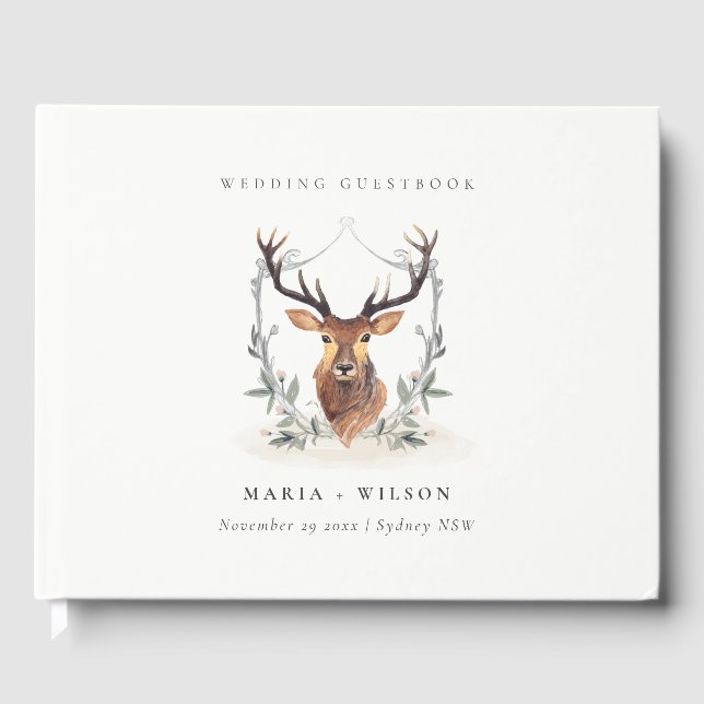 Elegant Cute Dusky Deer Floral Crest Wedding Guest Book (Front)