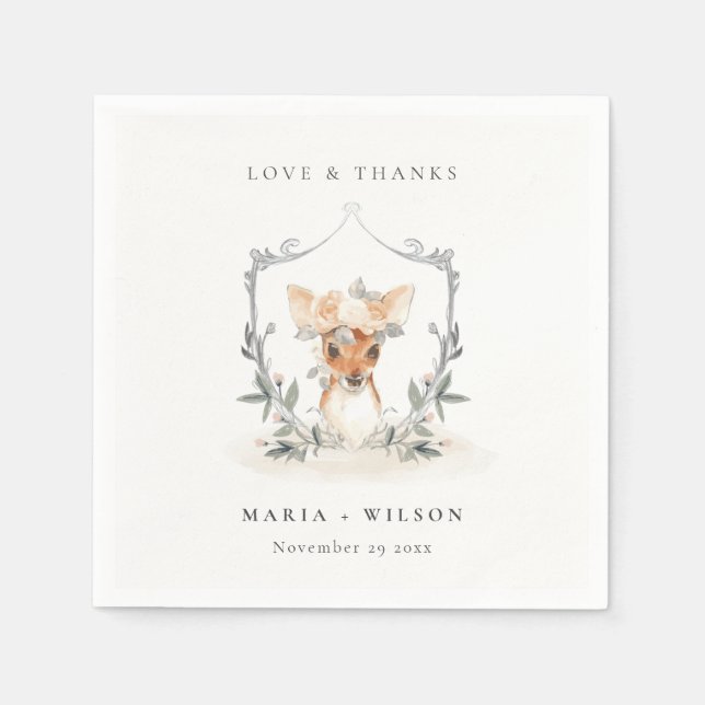 Elegant Cute Dusky Deer Floral Crest Wedding Napkins (Front)
