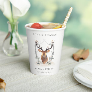 Elegant Cute Dusky Deer Floral Crest Wedding Paper Cups