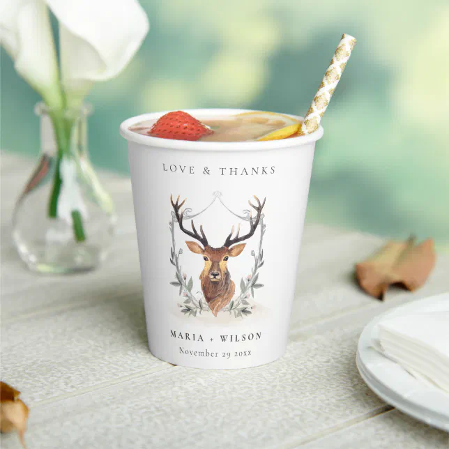 Elegant Cute Dusky Deer Floral Crest Wedding Paper Cups | Zazzle
