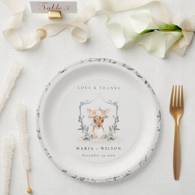 Elegant Cute Dusky Deer Floral Crest Wedding     Paper Plates (Wedding)