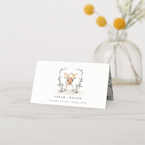 Elegant Cute Dusky Deer Floral Crest Wedding Place Card