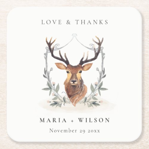 Elegant Cute Dusky Deer Floral Crest Wedding Square Paper Coaster