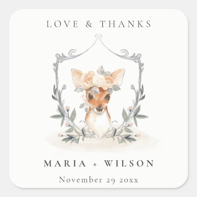 Elegant Cute Dusky Deer Floral Crest Wedding Square Sticker (Front)