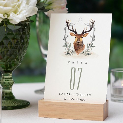 Elegant Cute Dusky Deer Floral Crest Wedding Table Number