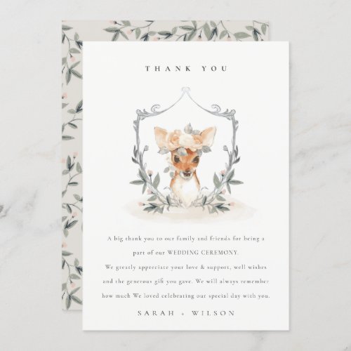 Elegant Cute Dusky Deer Floral Crest Wedding Thank You Card