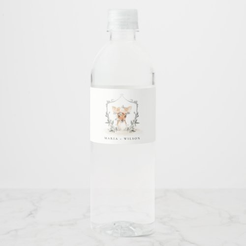 Elegant Cute Dusky Deer Floral Crest Wedding Water Bottle Label