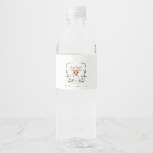 Elegant Cute Dusky Deer Floral Crest Wedding Water Bottle Label (Front)