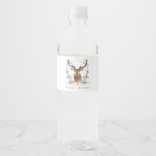 Elegant Cute Dusky Deer Floral Crest Wedding Water Bottle Label