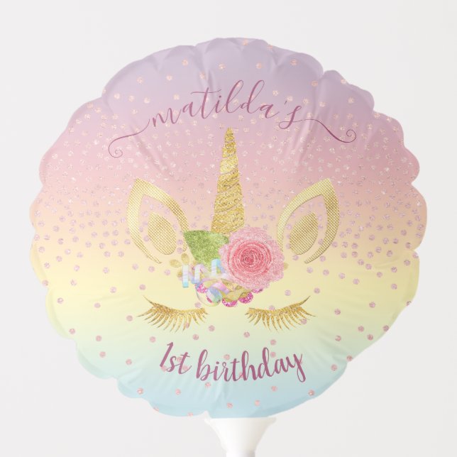 Elegant cute first birthday gold glitter unicorn balloon (Front)