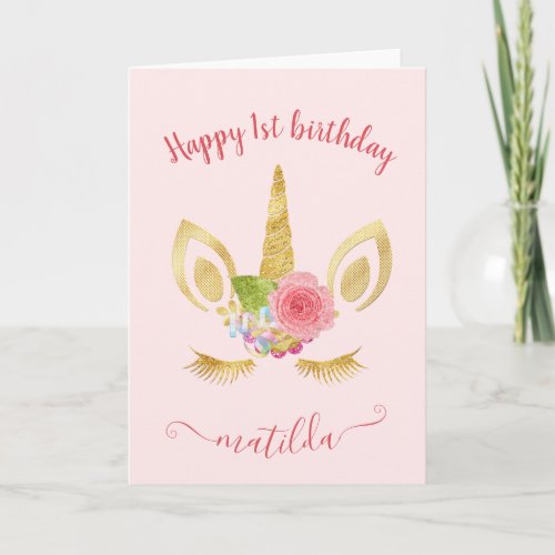 Elegant cute first birthday gold glitter unicorn card