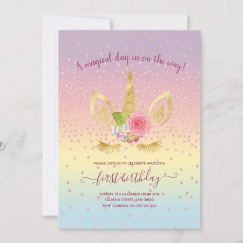 Elegant cute first birthday gold glitter unicorn invitation