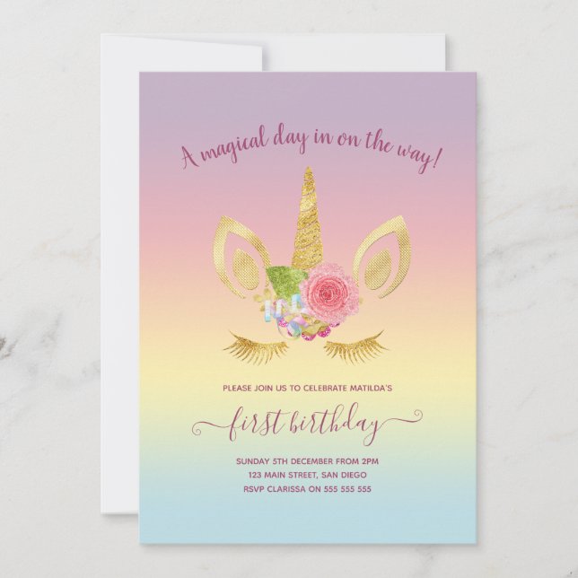 Elegant cute first birthday gold glitter unicorn invitation (Front)
