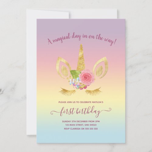 Elegant cute first birthday gold glitter unicorn invitation