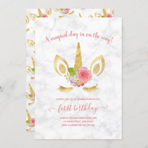Elegant cute first birthday gold glitter unicorn invitation