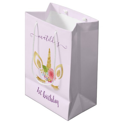 Elegant cute first birthday gold glitter unicorn medium gift bag