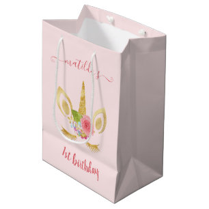 Elegant cute first birthday gold glitter unicorn medium gift bag