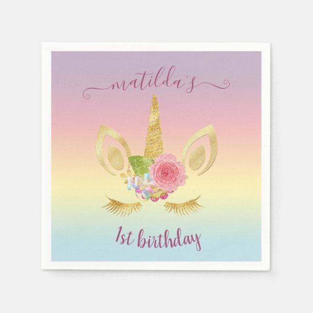Elegant cute first birthday gold glitter unicorn napkins (Front)