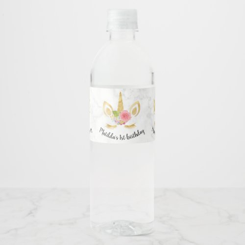 Elegant cute first birthday gold glitter unicorn water bottle label